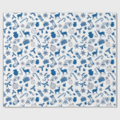 Blauw wit zilverpatroon met kerstinslag cadeaupapier (Vlak)