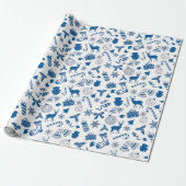 Blauw wit zilverpatroon met kerstinslag cadeaupapier (Uitgerold)