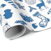 Blauw wit zilverpatroon met kerstinslag cadeaupapier (Rol Hoek)
