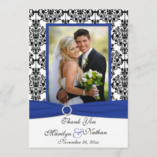Blauw, Wit, Zwart Damask Foto Dank u Kaart