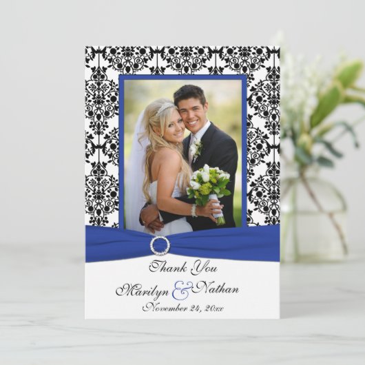 Blauw, Wit, Zwart Damask Foto Dank u Kaart (Staand voorkant)