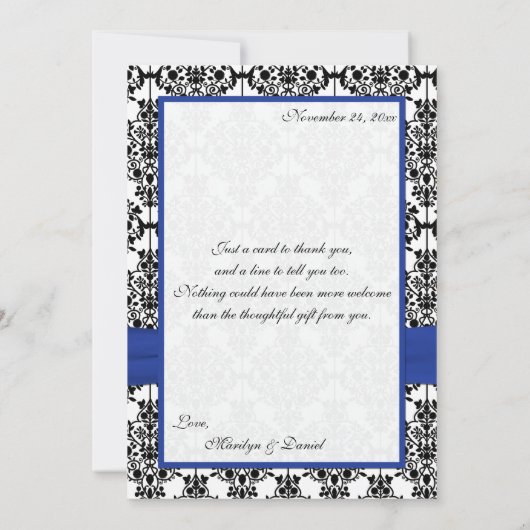 Blauw, Wit, Zwart Damask Foto Dank u Kaart (Achterkant)