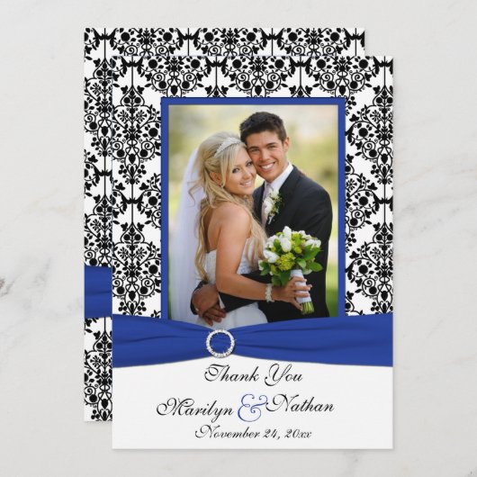 Blauw, Wit, Zwart Damask Foto Dank u Kaart (Voorkant / Achterkant)
