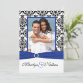 Blauw, Wit, Zwart Damask Foto Uitnodiging voor bru (Staand voorkant)