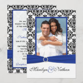 Blauw, Wit, Zwart Damask Foto Uitnodiging voor bru (Voorkant / Achterkant)