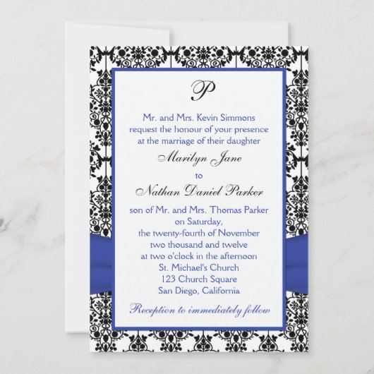 Blauw, Wit, Zwart Damask Foto Uitnodiging voor bru (Achterkant)