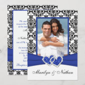 Blauw, Wit, Zwart Damask Foto Uitnodiging voor bru (Voorkant / Achterkant)