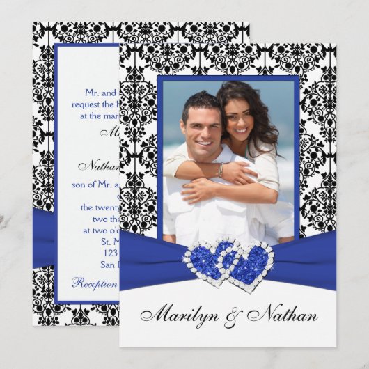 Blauw, Wit, Zwart Damask Foto Uitnodiging voor bru (Voorkant / Achterkant)