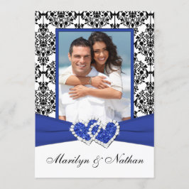 Blauw, Wit, Zwart Damask Foto Uitnodiging voor bru