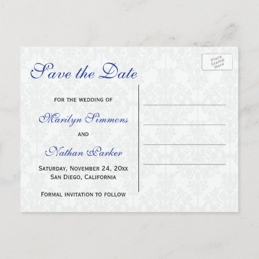 Blauw, Wit, Zwart Damask Sla de Datum Kaart op (Achterkant)