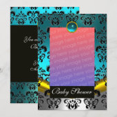 BLAUW WIT ZWART DAMAST BABY SHOWER MONOGRAM KAART (Voorkant / Achterkant)