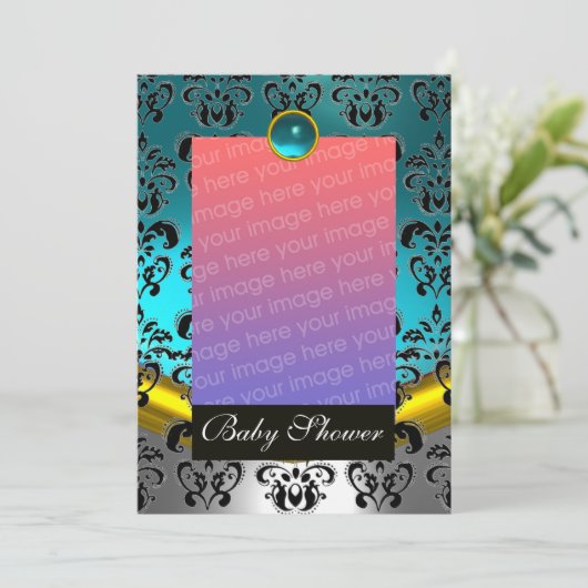 BLAUW WIT ZWART DAMAST BABYSU PARTY MONOGRAAM KAART (Staand voorkant)