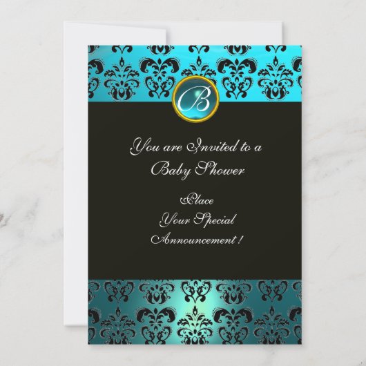 BLAUW WIT ZWART DAMAST BABYSU PARTY MONOGRAAM KAART (Achterkant)