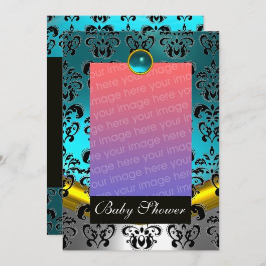 BLAUW WIT ZWART DAMAST BABYSUITEMONOGRAM KAART (Voorkant / Achterkant)