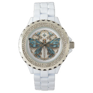Blauw Wit Zwart Goud  Pareltjes Dragonfly Horloge