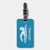 Blauw Wit Zwemmer Zwembad Water Custom Bagagelabel (Voorkant verticaal)