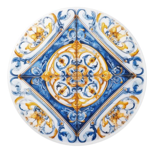 Blauw witgoud look Talavera Azulejo Tegel Keramische Knop (Voorkant)