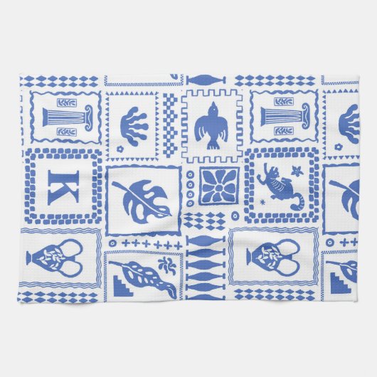 Blauw Witte Abstract Monogram Geschenk Theedoek (Horizontaal)