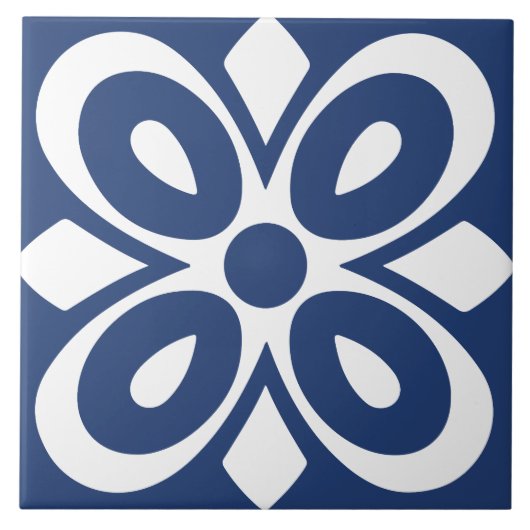 Blauw witte abstracte bloem geometrisch tegeltje (Voorkant)