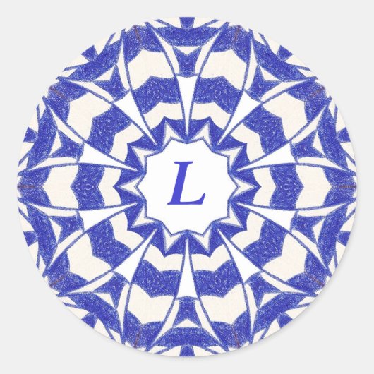 Blauw-witte Abstracte bloemblaadjes Monogram Stick Ronde Sticker (Voorkant)