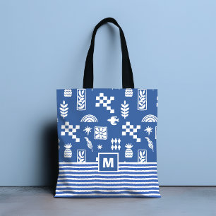 Blauw Witte Abstracte Geometrische Vogel Bloemige Tote Bag
