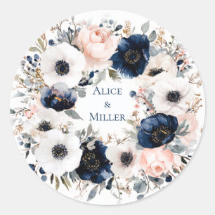 Blauw-witte anemonen bloemenbruiloft ronde sticker