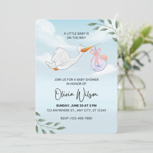 Blauw-witte aquarel babyshower uitnodiging (Staand voorkant)