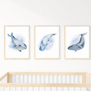 Blauw Witte Aquarel Baleinwalvis Bultrugwalvis Poster