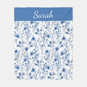 Blauw Witte Aquarel Bloem Wilde Bloemen Naam Fleece Deken