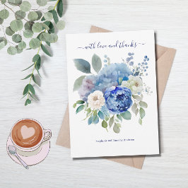 Blauw Witte Aquarel Bloemen Bruiloft  Bedankkaart