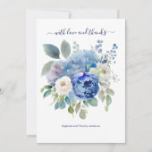 Blauw Witte Aquarel Bloemen Bruiloft Bedankkaart (Voorkant)