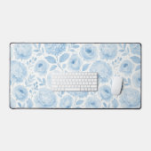 Blauw Witte Aquarel Bloemen Bureaumat (Keyboard & Muis)