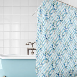 Blauw Witte Aquarel Bloemige Diagonale Streep Douchegordijn