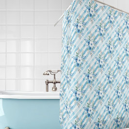 Blauw Witte Aquarel Bloemige Diagonale Streep Douchegordijn