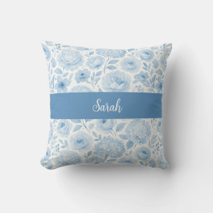 Blauw Witte Aquarel Bloemige Monogram Naam Kussen