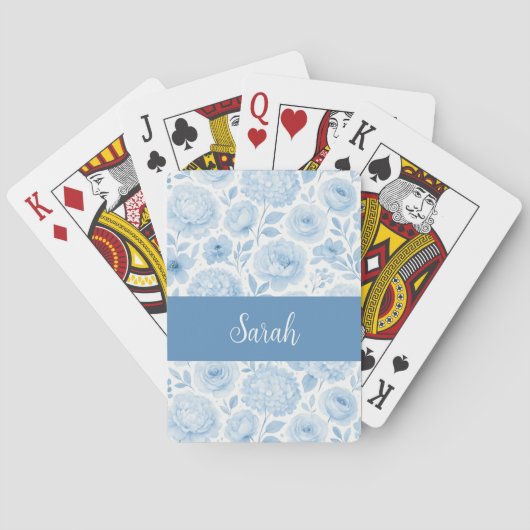 Blauw Witte Aquarel Bloemige Monogram Naam Pokerkaarten (Achterkant)