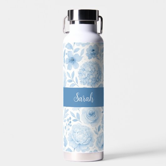Blauw Witte Aquarel Bloemige Monogram Naam Waterfles (Voorkant)