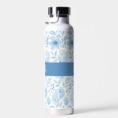 Blauw Witte Aquarel Bloemige Monogram Naam Waterfles (Rechts)