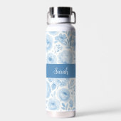 Blauw Witte Aquarel Bloemige Monogram Naam Waterfles (Achterkant)