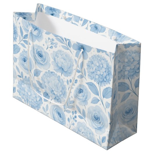 Blauw Witte Aquarel Bloemmotief Groot Cadeauzakje (Voorkant Gekanteld)