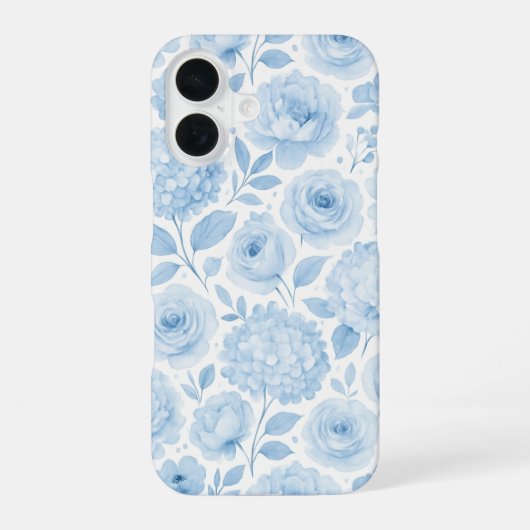 Blauw Witte Aquarel Bloemmotief iPhone 16 Hoesje (Achterkant)