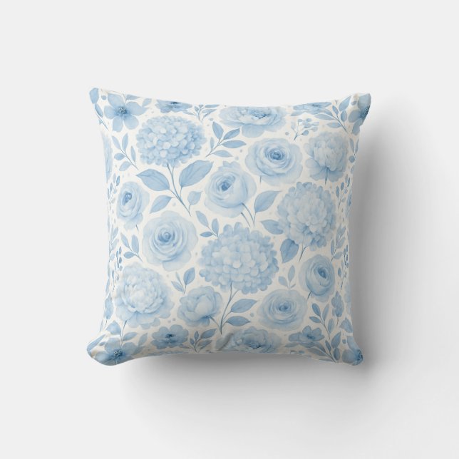 Blauw Witte Aquarel Bloemmotief Kussen (Voorkant)