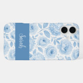Blauw Witte Aquarel Bloemmotief Naam iPhone Hoesje (Achterkant horizontaal)