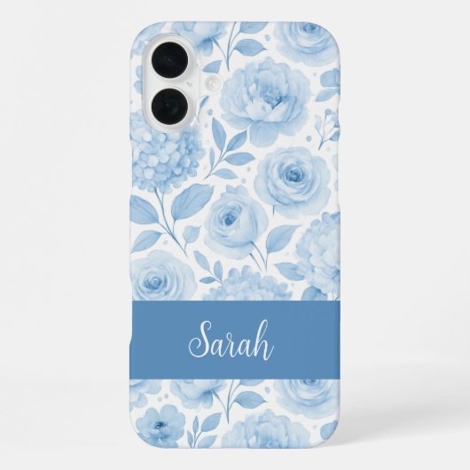 Blauw Witte Aquarel Bloemmotief Naam iPhone Hoesje (Achterkant)