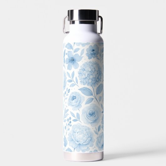 Blauw Witte Aquarel Bloemmotief Waterfles (Voorkant)