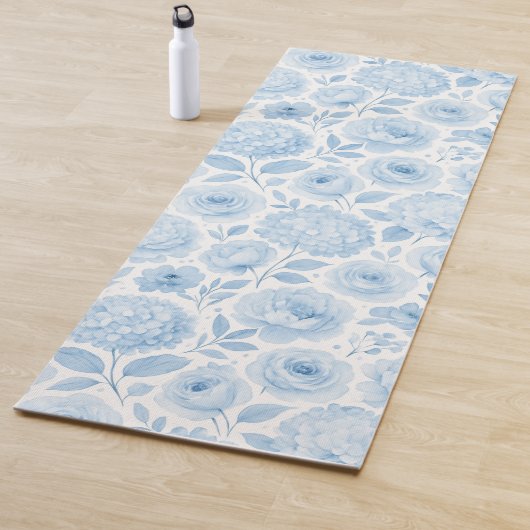 Blauw Witte Aquarel Bloemmotief Yogamat (In situ)