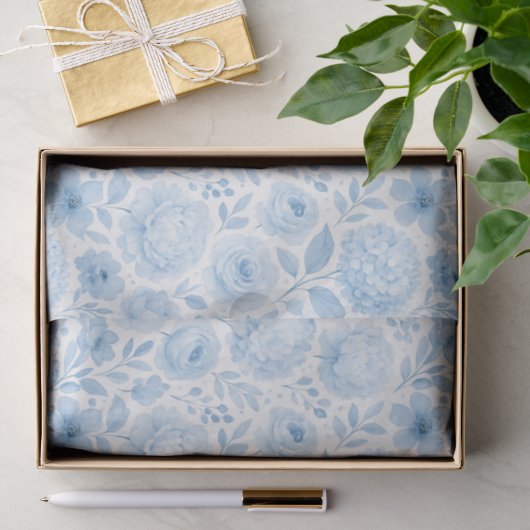 Blauw Witte Aquarel Bloempatroon Tissuepapier (Geschenk)