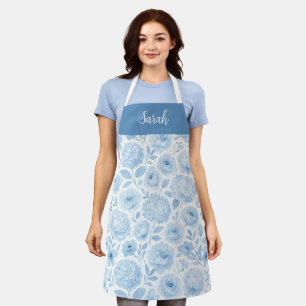 Blauw Witte Aquarel Bloemstuk Aangepaste Naam Schort