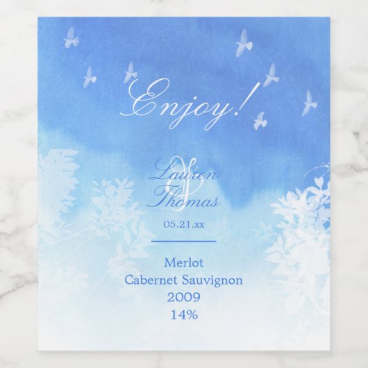Blauw-witte aquarel & duiven wijn etiket (Enkel label)