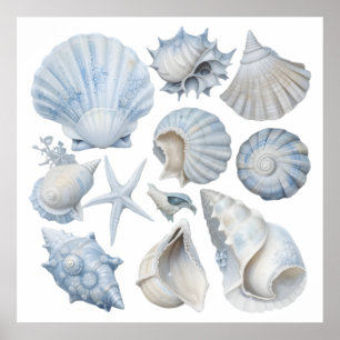 Blauw & Witte Aquarel Schelpen – Ocean Kinderkamer Poster